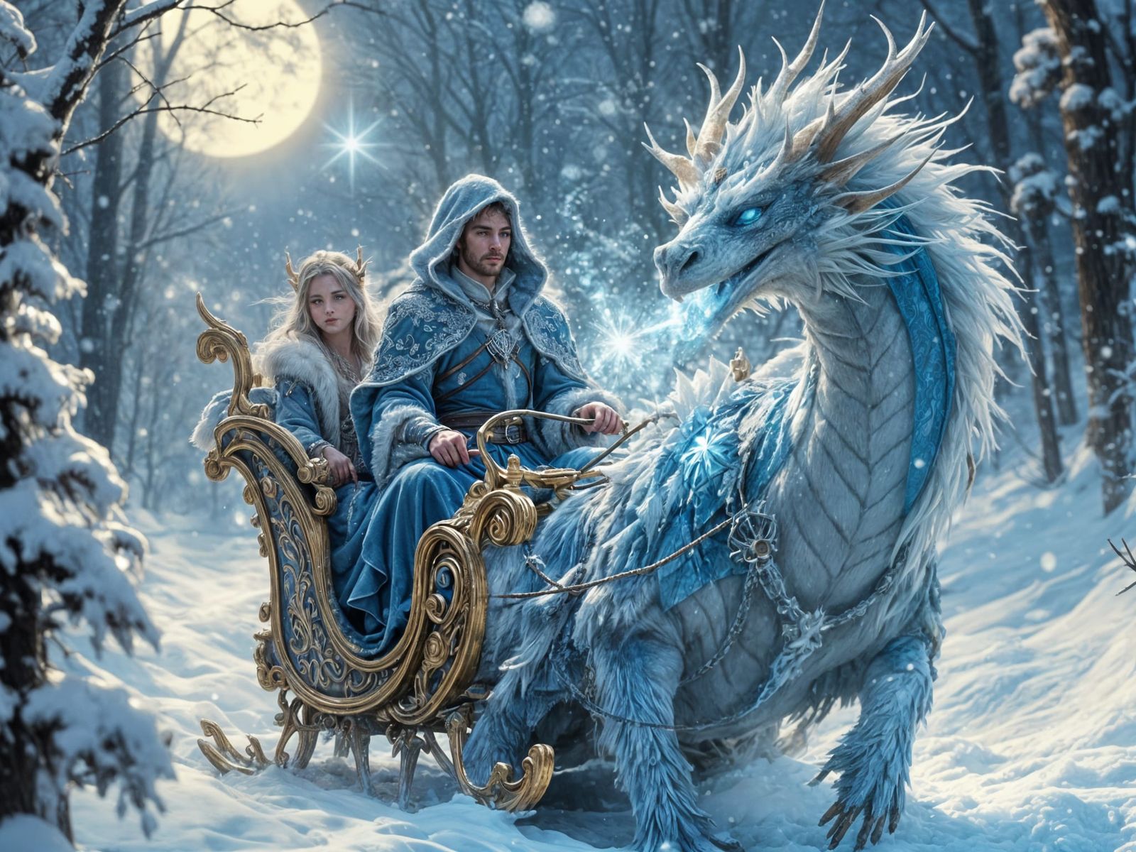 Elven Royalty Ride Majestic Winter Dragon Through Snowy Fore...