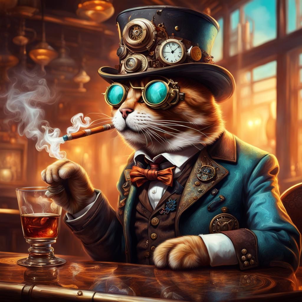 Steampunk Cat Savoring a Cigar in a Vibrant Bar