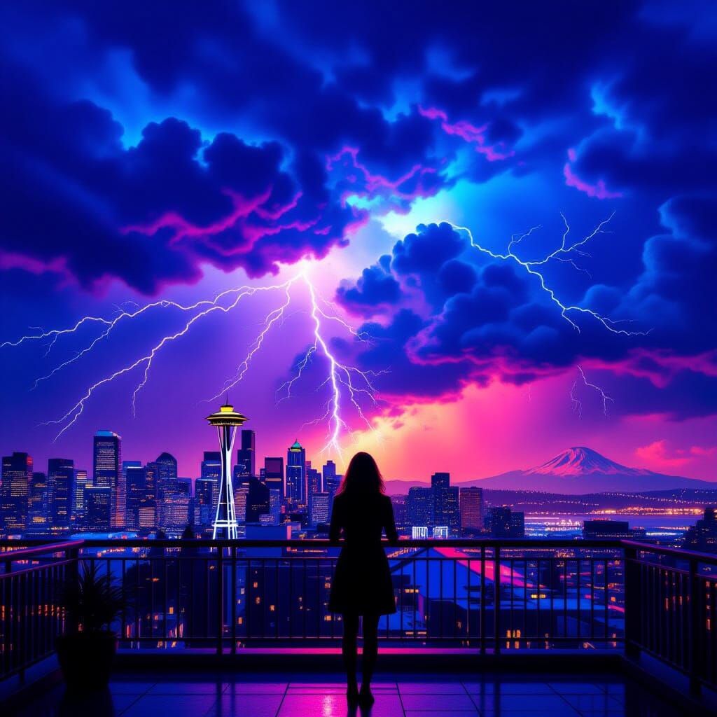 Woman Views Synthwave Thunderstorm Over Seattle