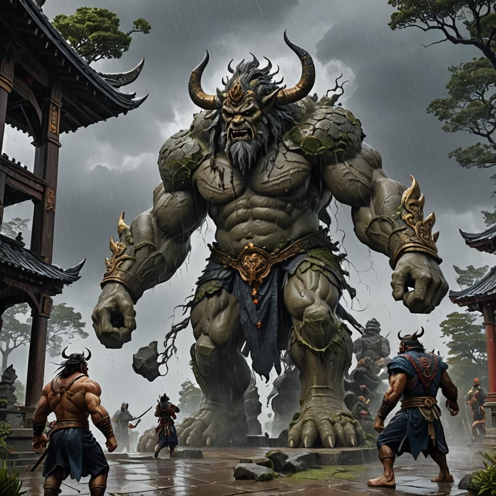 Dark Fantasy Stone Giant Defends Gazebo from Oni
