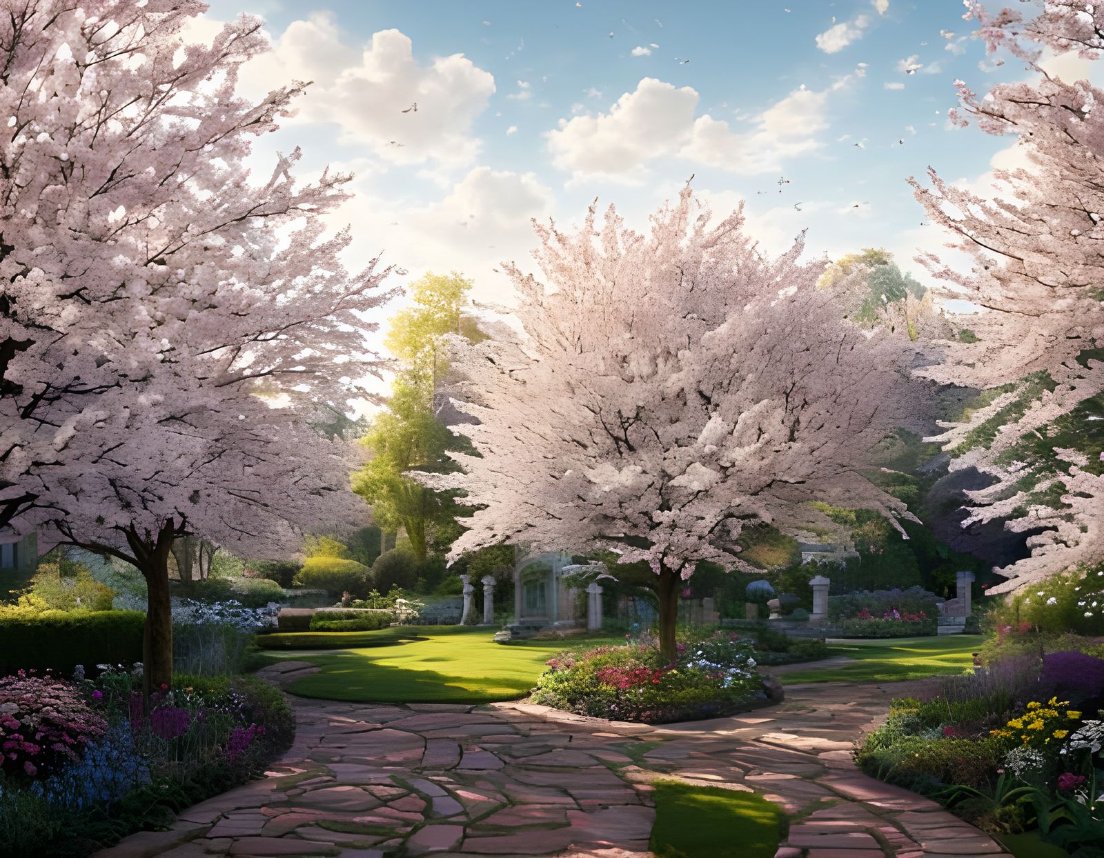Surreal Cherry Blossom Garden Scene in Photorealistic Oil Pa...