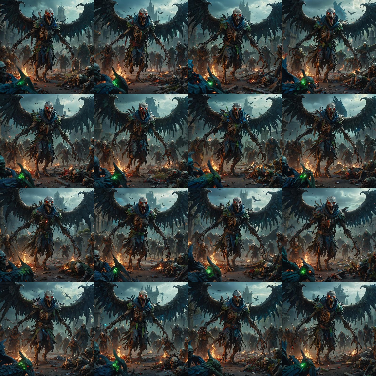 Gothic Dark Fantasy Zombie Aarakocra with Tattered Cowl and....