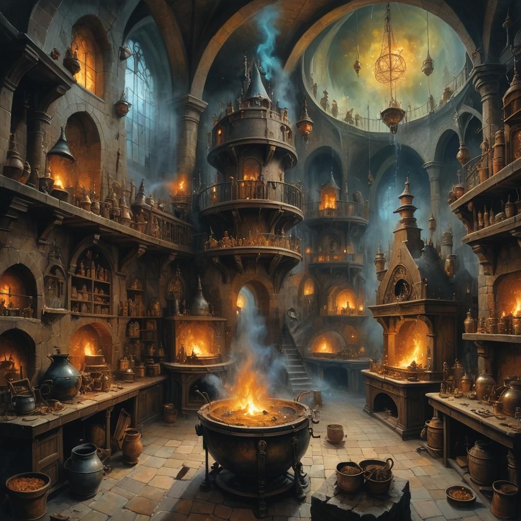 Medieval Alchemy Lab in Dark, Twisted Oil Painting Style
