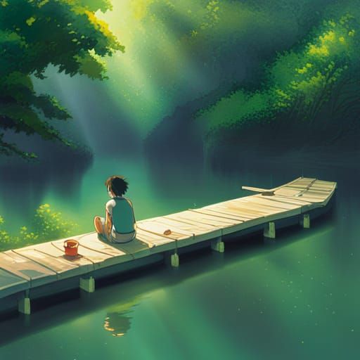 Anime Key Visual of a Lone Fisherman in Nature