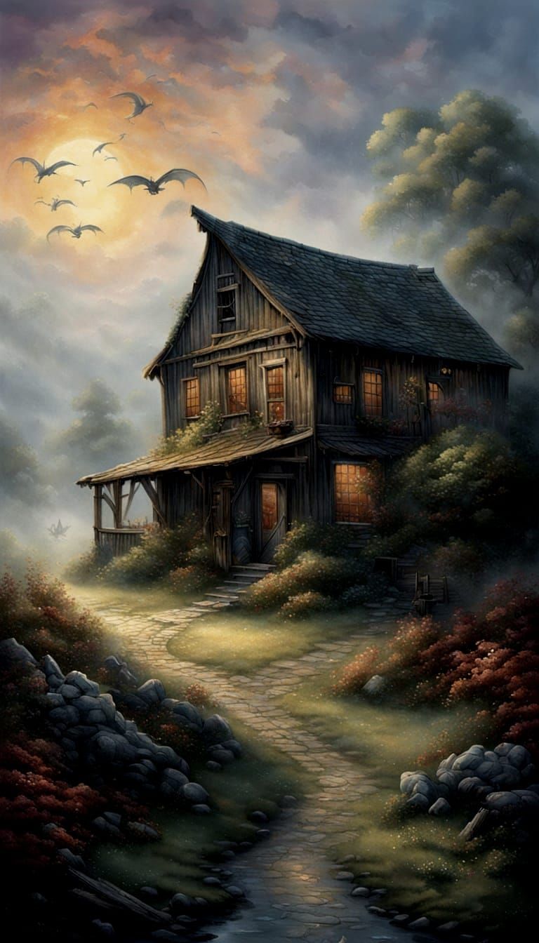 Dragon Beside a Weathered Barn in Ethereal Fantasy