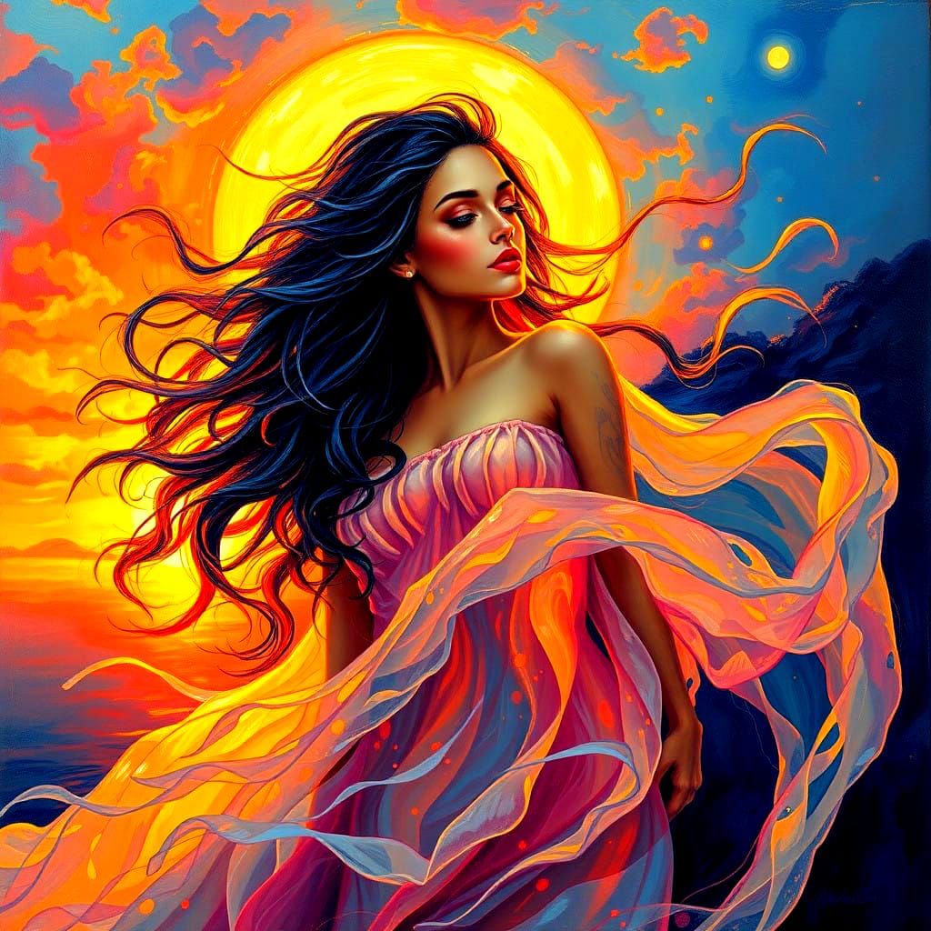 Ethereal Goddess in Neo-Impressionist Sunset