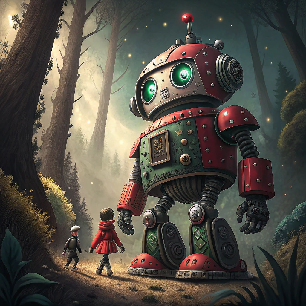 Wild Robot in Whimsical Comic Book Art Style