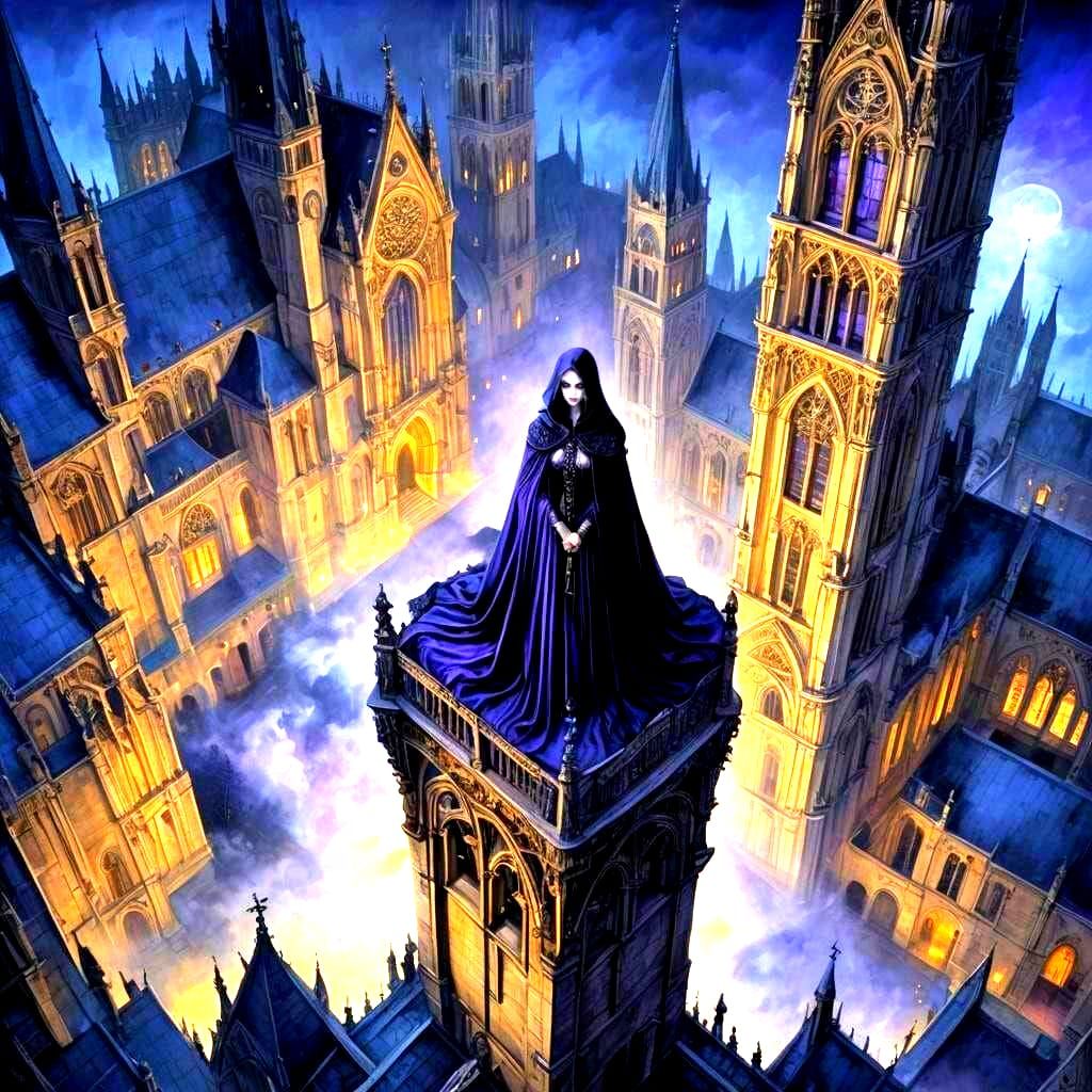 Mysterious Vampire Maiden Poses atop Gothic Cathedral Steepl...