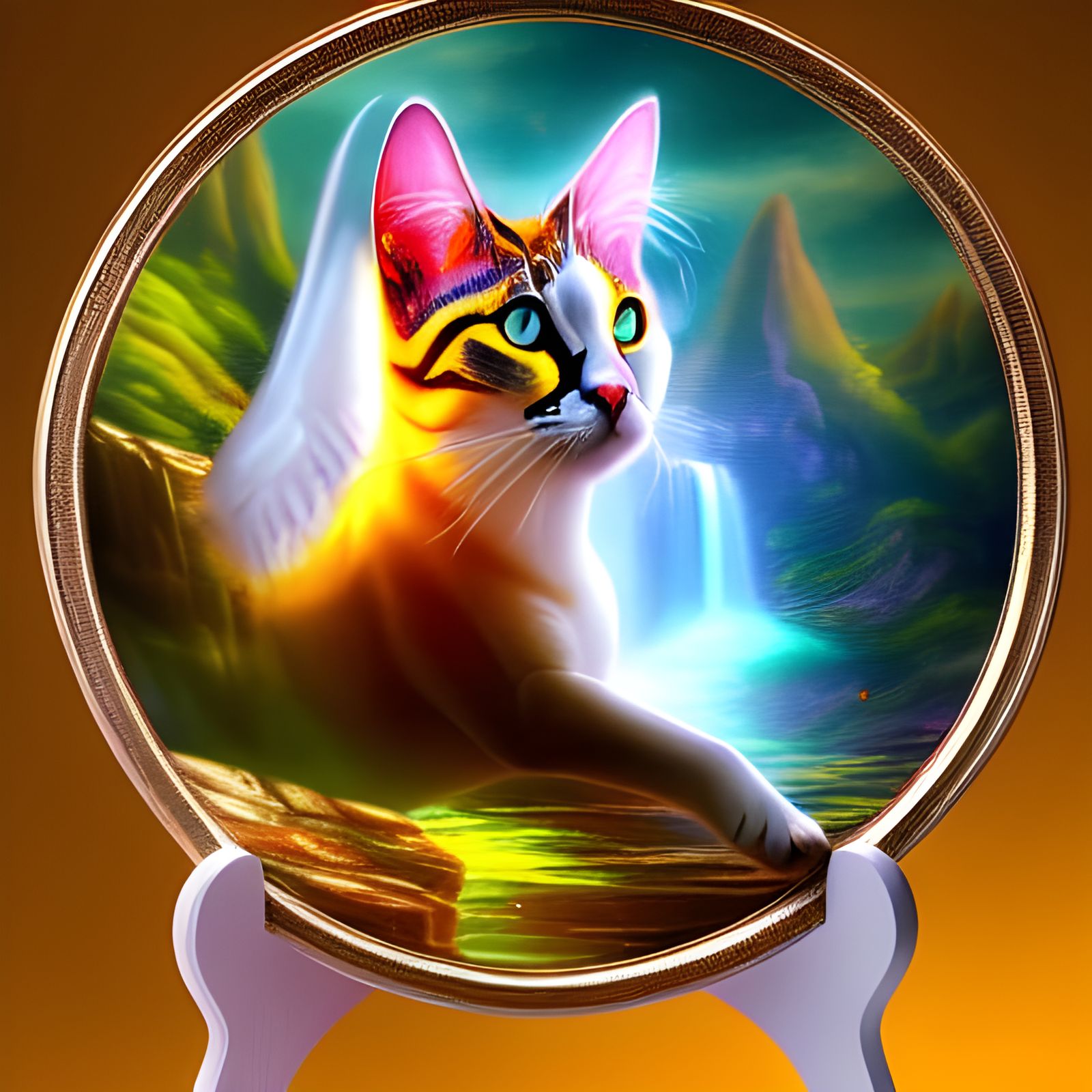 Surreal Whimsy: Angelic Feline Surrounded by Nature