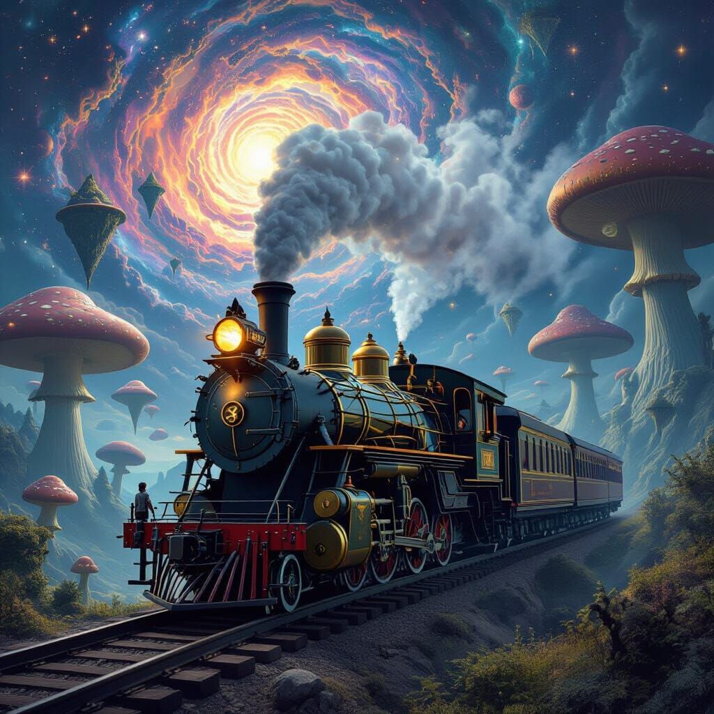 Victorian Steam Train in Surreal Cosmic Landscape