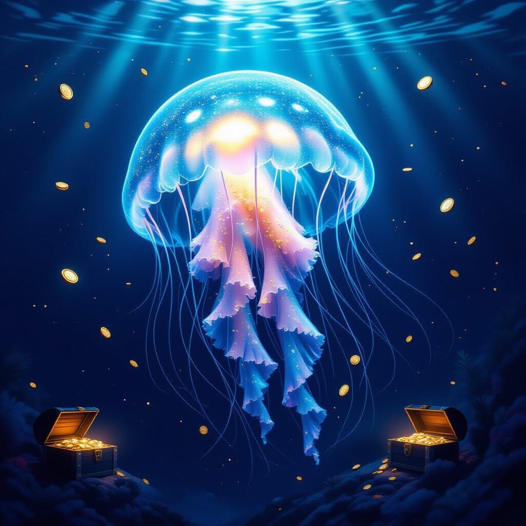 Bioluminescent Jellyfish with Glittering Treasures in Abyss