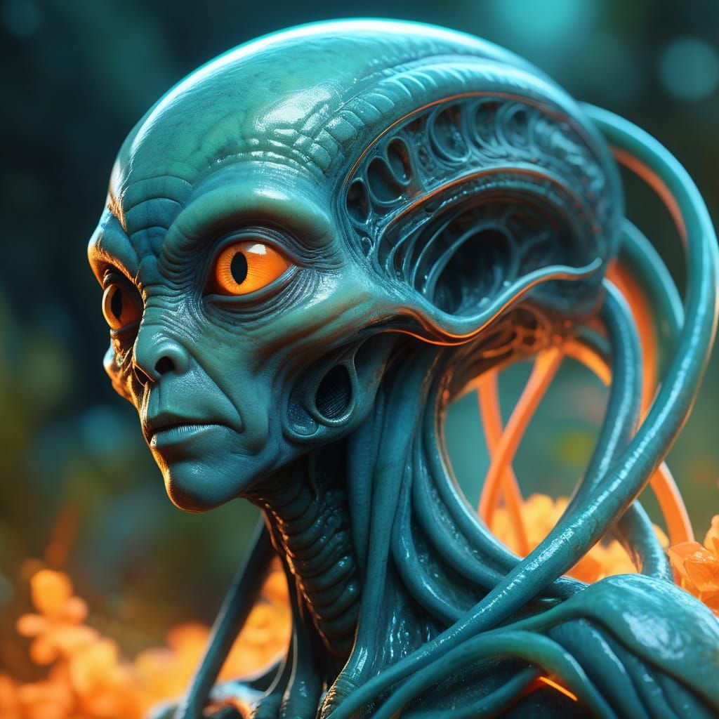 Alien in Nature: Digital Art with Glowing Tendrils