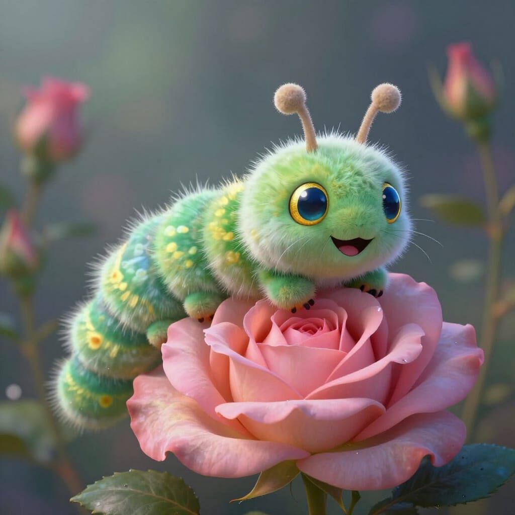 Fluffy Caterpillar With Golden Eyes on Fantasy Rose