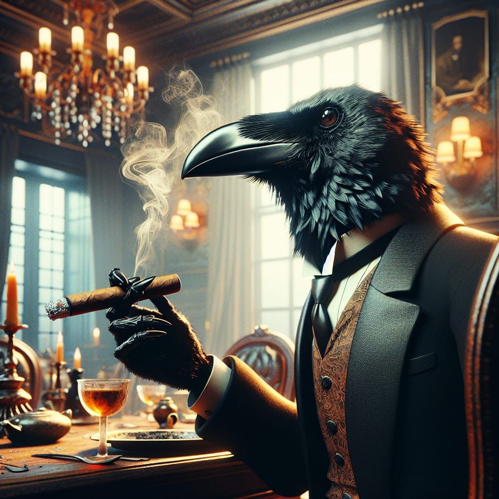 Victorian Crow Smokes Cigar in Opulent Dining Room