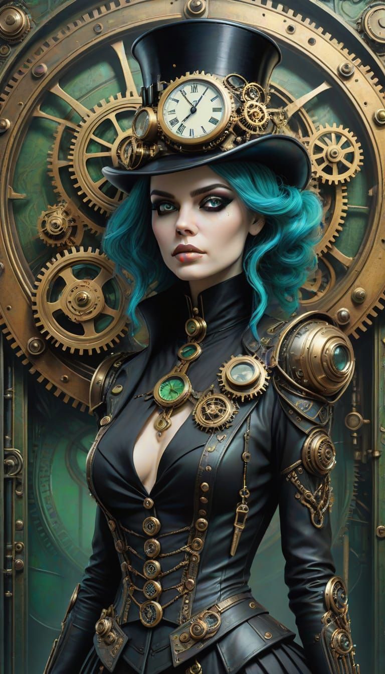 Steampunk Woman with Electric Blue Hair in Digital Painting