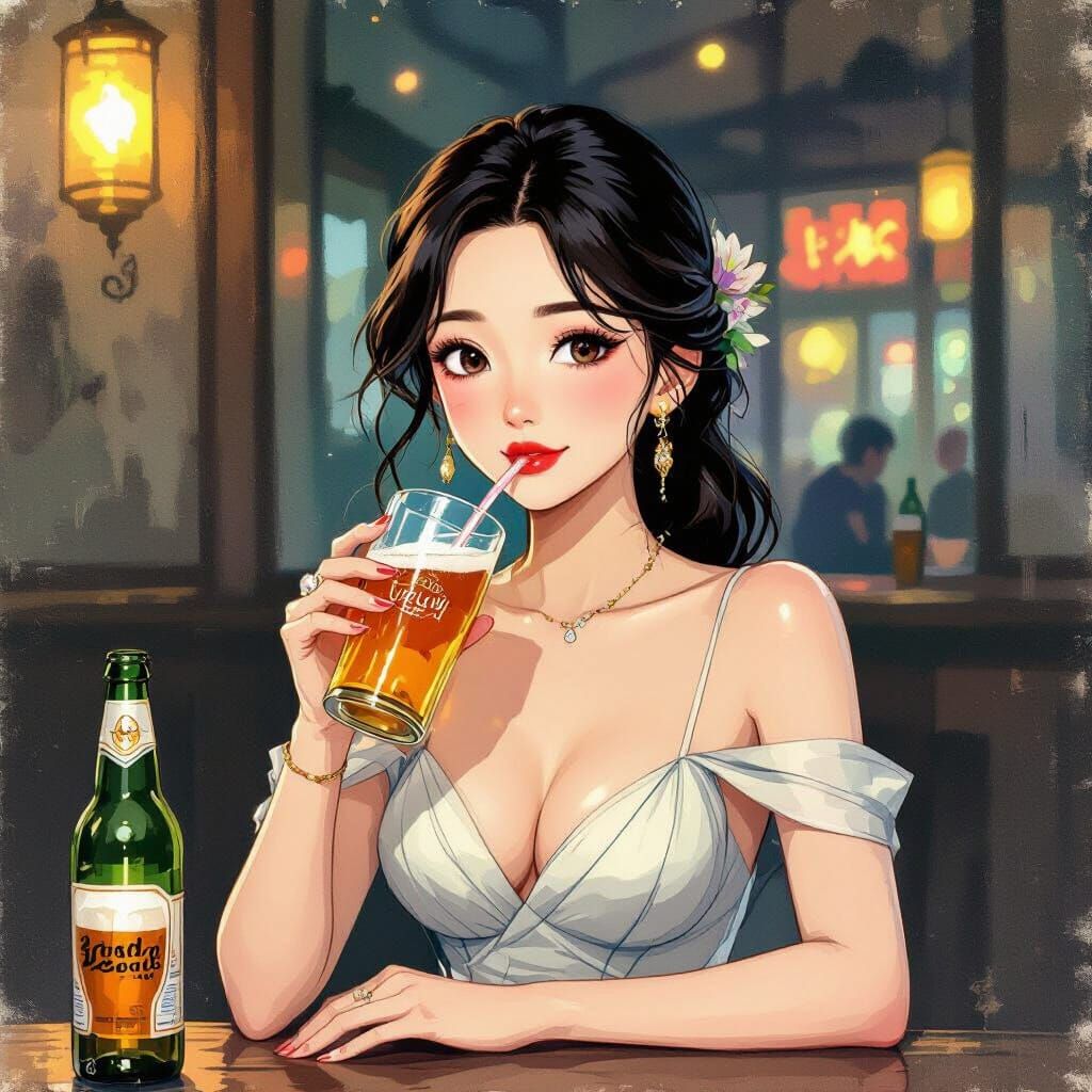 Elegant Woman Drinks Beer in Neon-Lit Ambiance