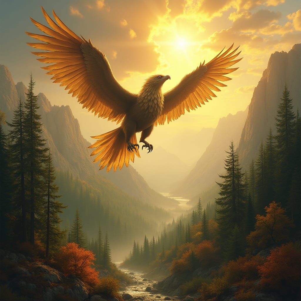 Griffin Soaring Over Ancient Forest in Romantic Style