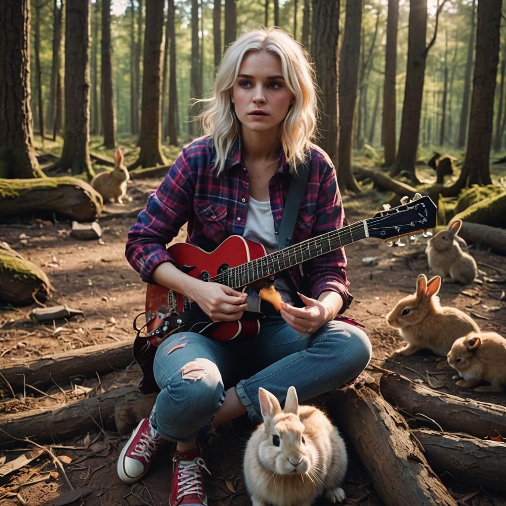 Woman Plays Guitar for Rabbits in Enchanting Forest Scene