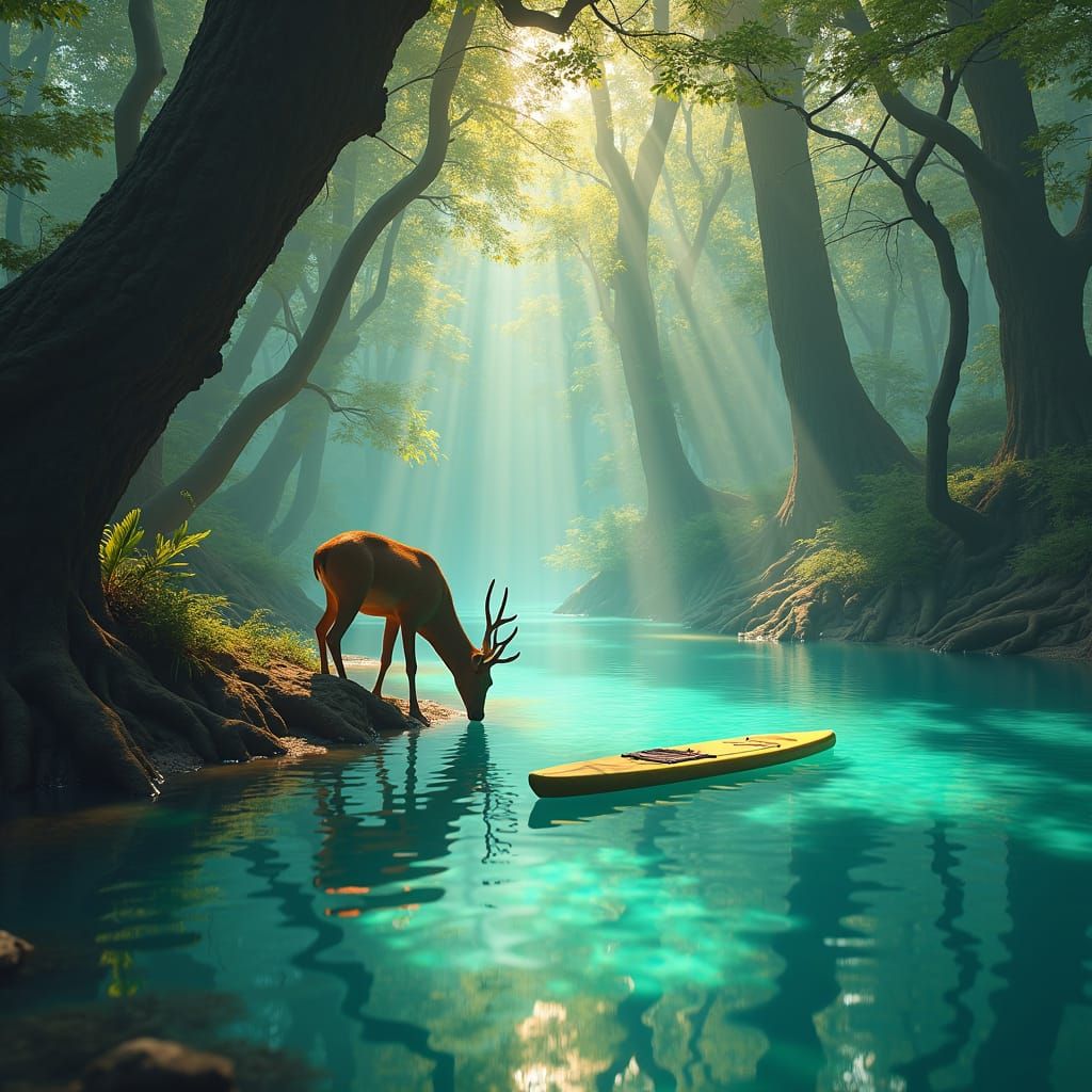 Surreal Woodland Oasis with Turquoise Mineral Lake and Aband...