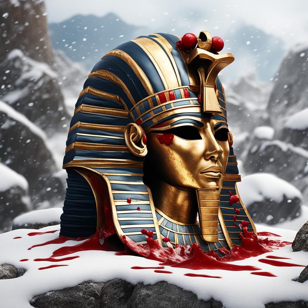 Ancient Egyptian Pharaoh's Bloodied Helmet on Snowy Rock