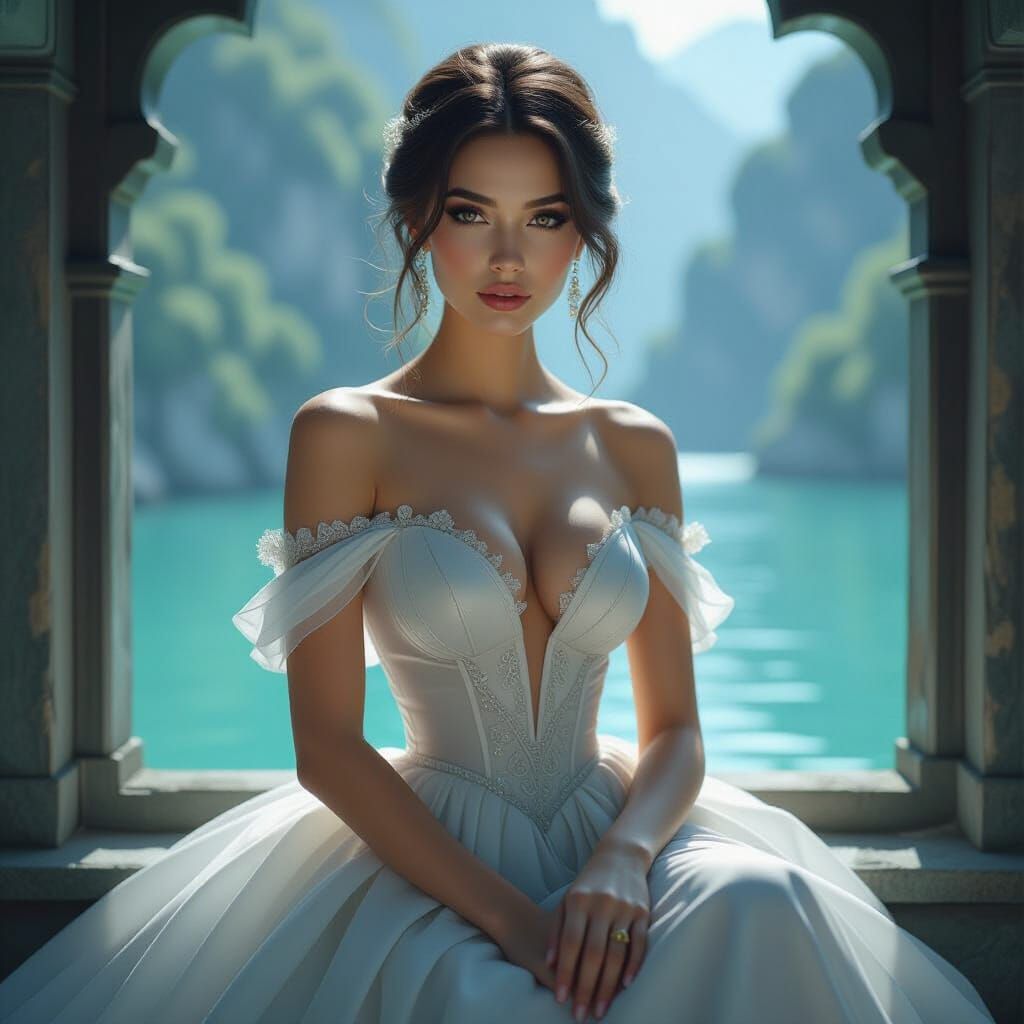 Glass Woman in Elegant Gown, Photorealistic Style