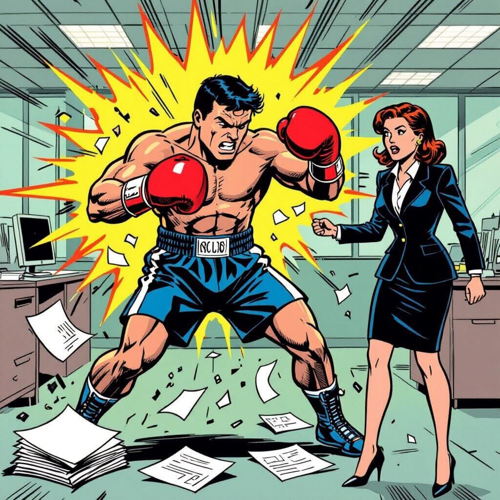 Boxer Knocks Over Office Documents in Comic Style