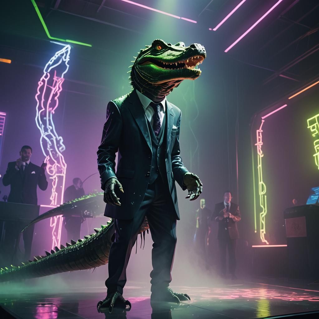 Cyberpunk Stage Alligator Enthralls Funeral Crowd