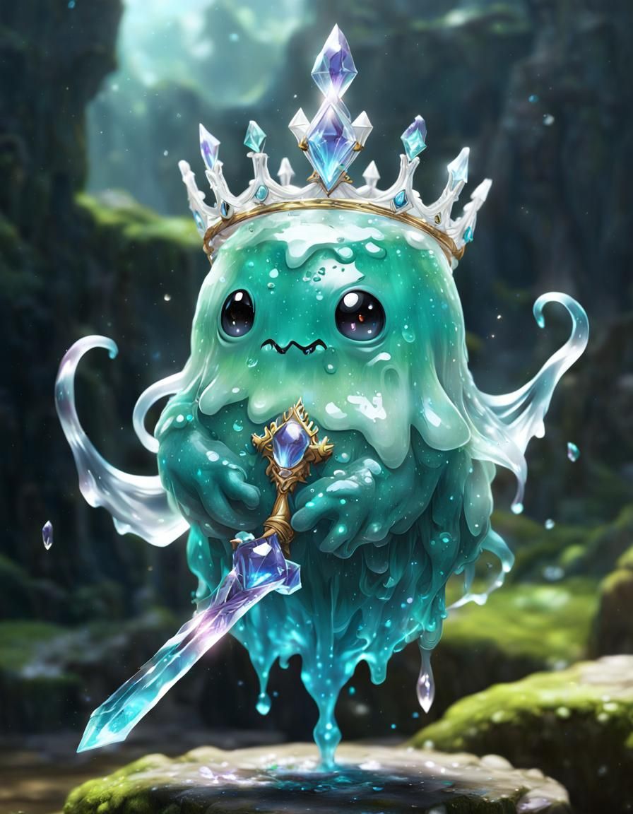 Chibi Slime Girl with Prismatic Jewel and Feathered Staff