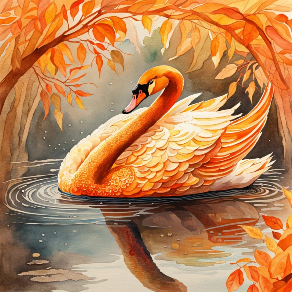 Vibrant Orange Swan in Watercolor Splendor