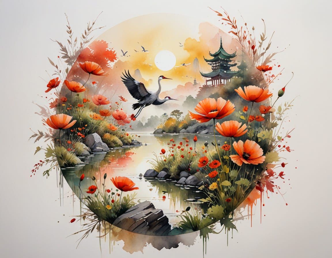 Crimson Sun Over Autumn Lake with Crane and Pagoda