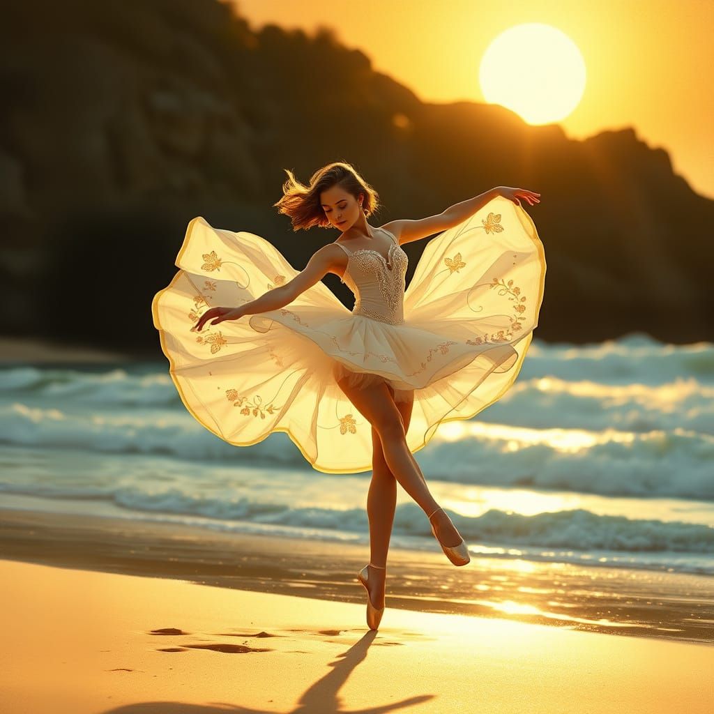 Ballerina's Golden Dance on the Beach: Art Nouveau Style