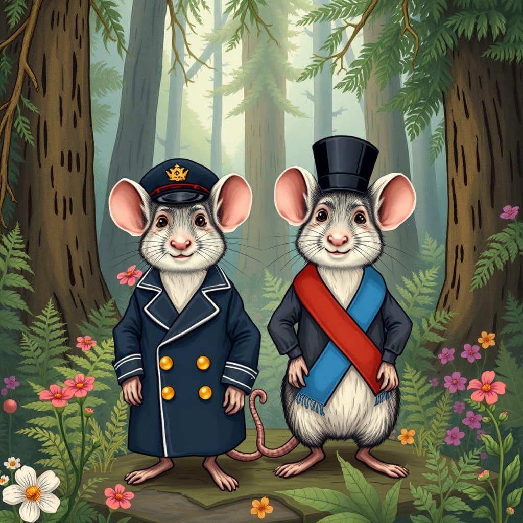 Vintage Mice in Whimsical Forest Setting