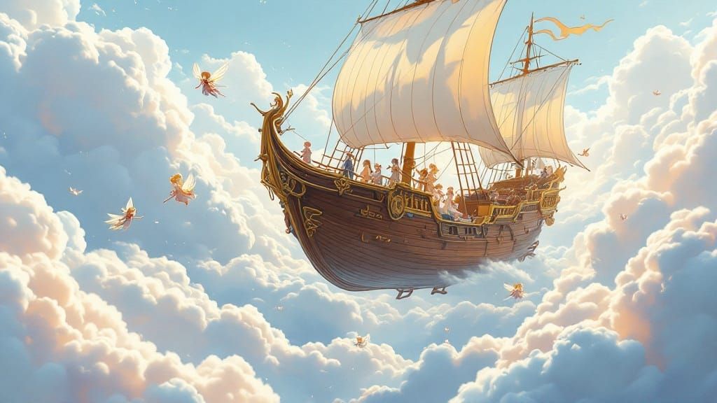 Ethereal Flying Ship Soars Through Dreamy Blue Skies with An...