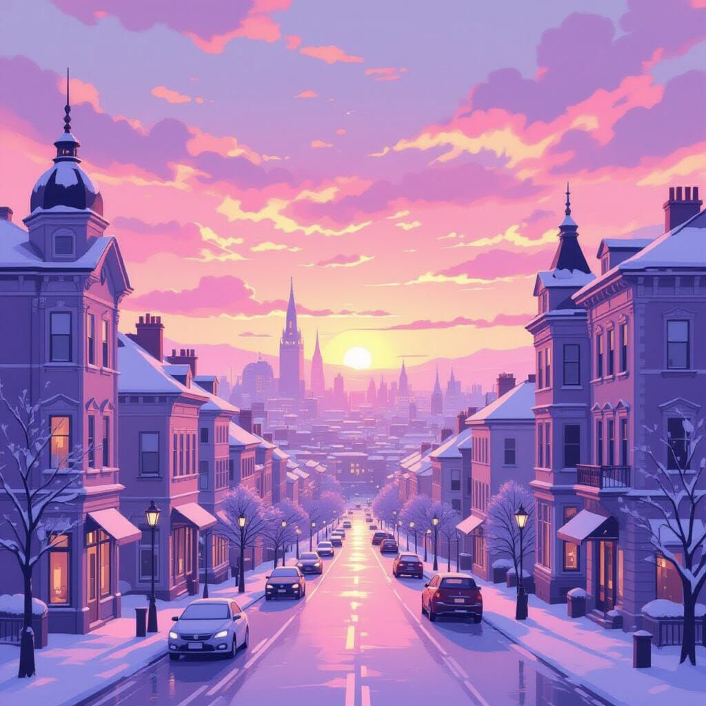 Pastel Cityscape at Sunset, Impressionistic Style