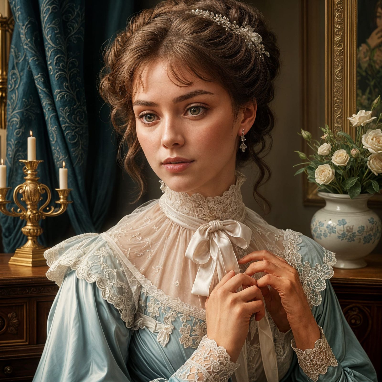 Ethereal Pre-Raphaelite Muse in Soft Blue Gown