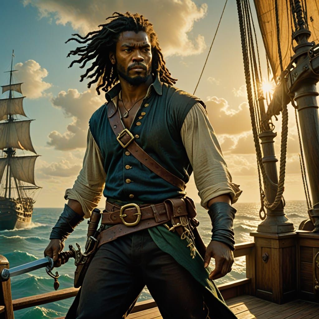 Pirate Fantasy: Muscular Man on Deck in Golden Light