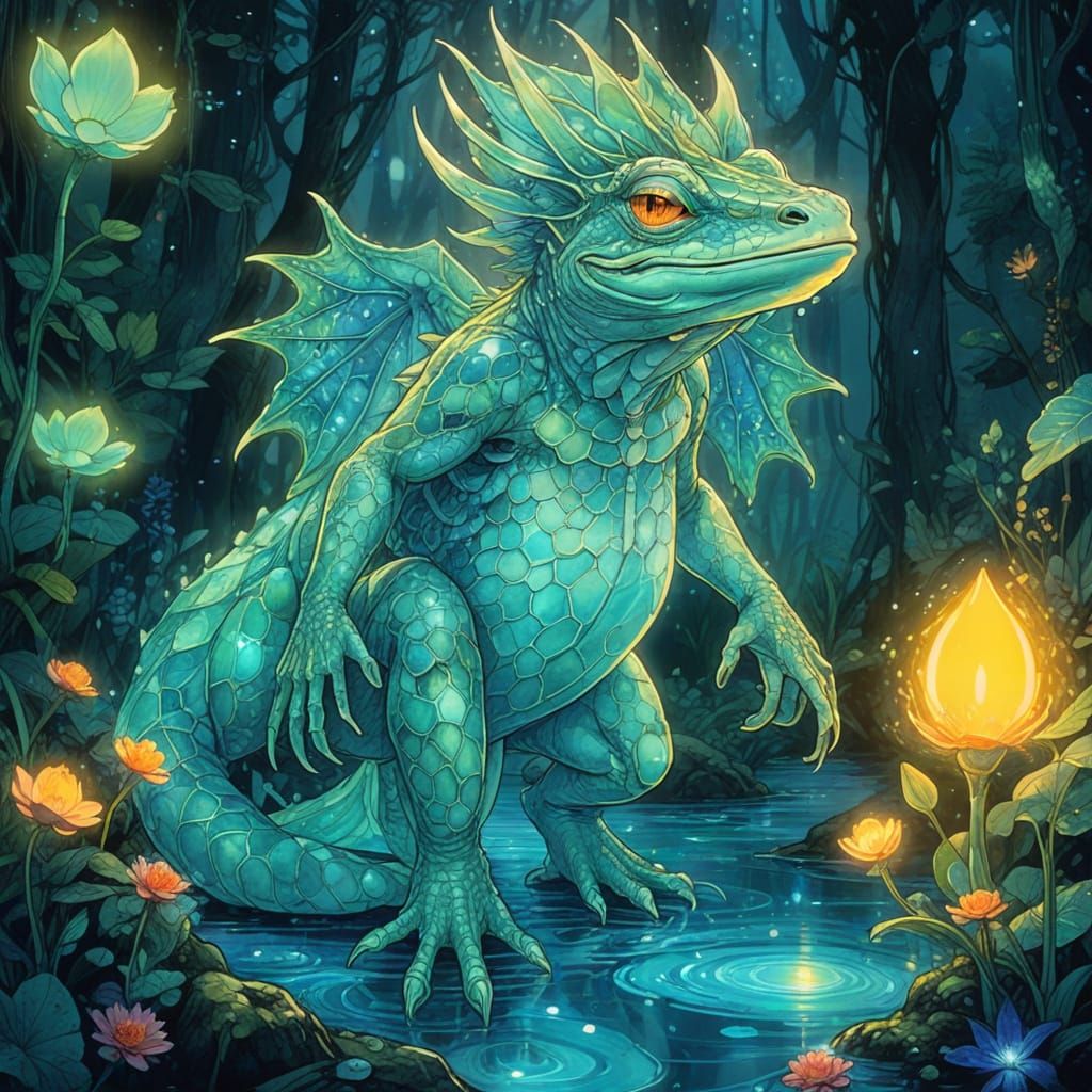 Bioluminescent Swamp God: Manga Ink and Watercolor