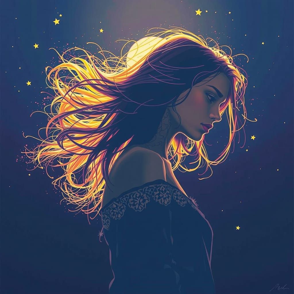 Woman's Radiant Hair in Autumn Moonlight Oil Painting