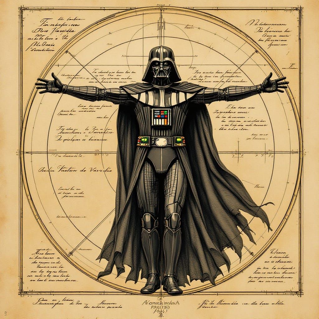 Darth Vader in Vitruvian Man Pose, Renaissance-Style Illustr...
