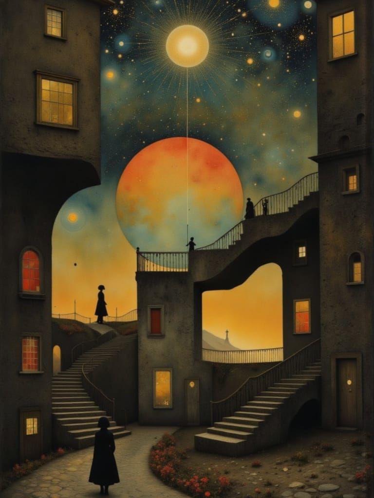 Surreal Winding Road to Gilded Sunset in Shimmering Colors