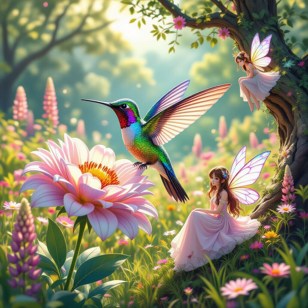 Rainbow Glass Hummingbird in Lupine Meadow: 3D Anime Art