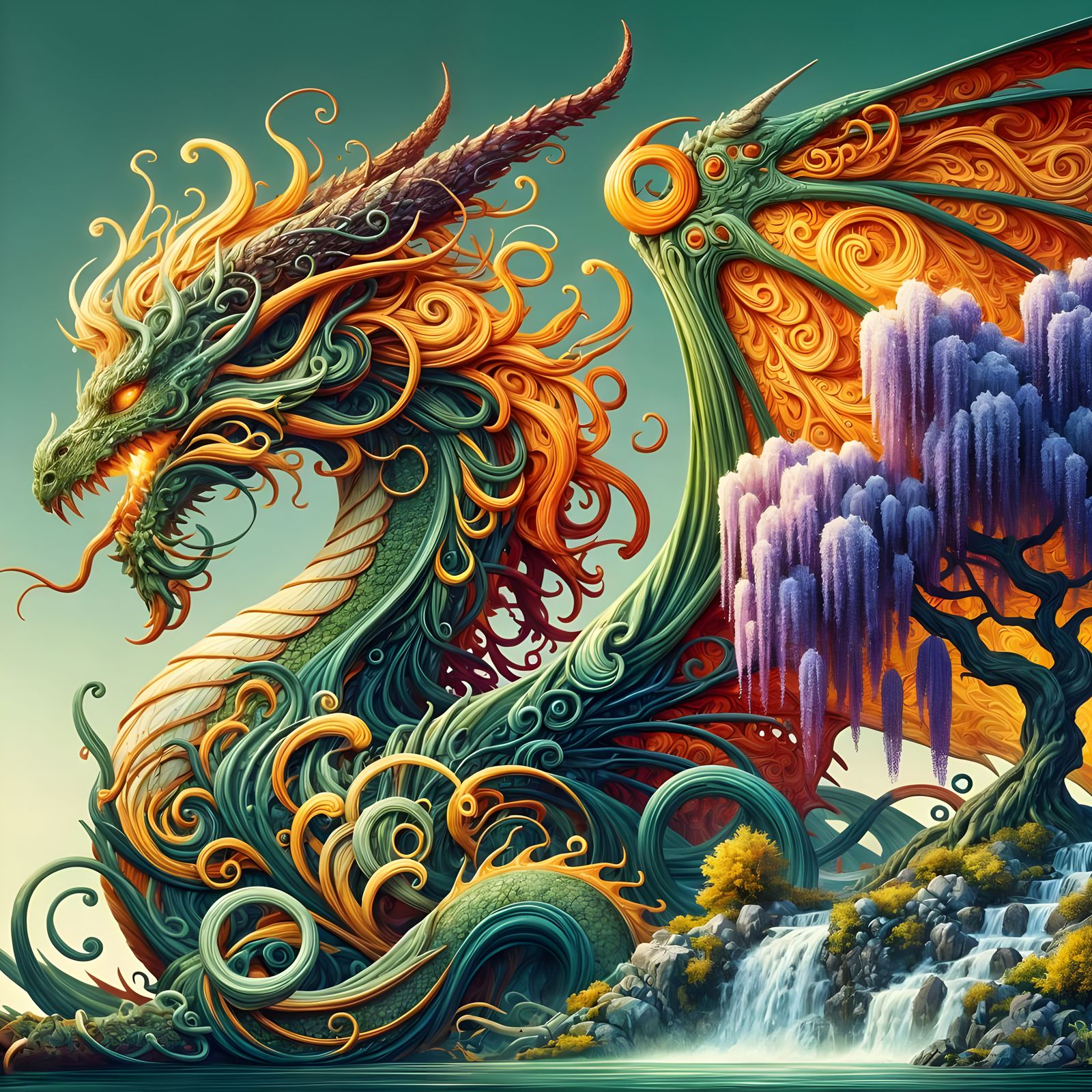 Elaborate Green Dragon with Fiery Wings and Waterfall