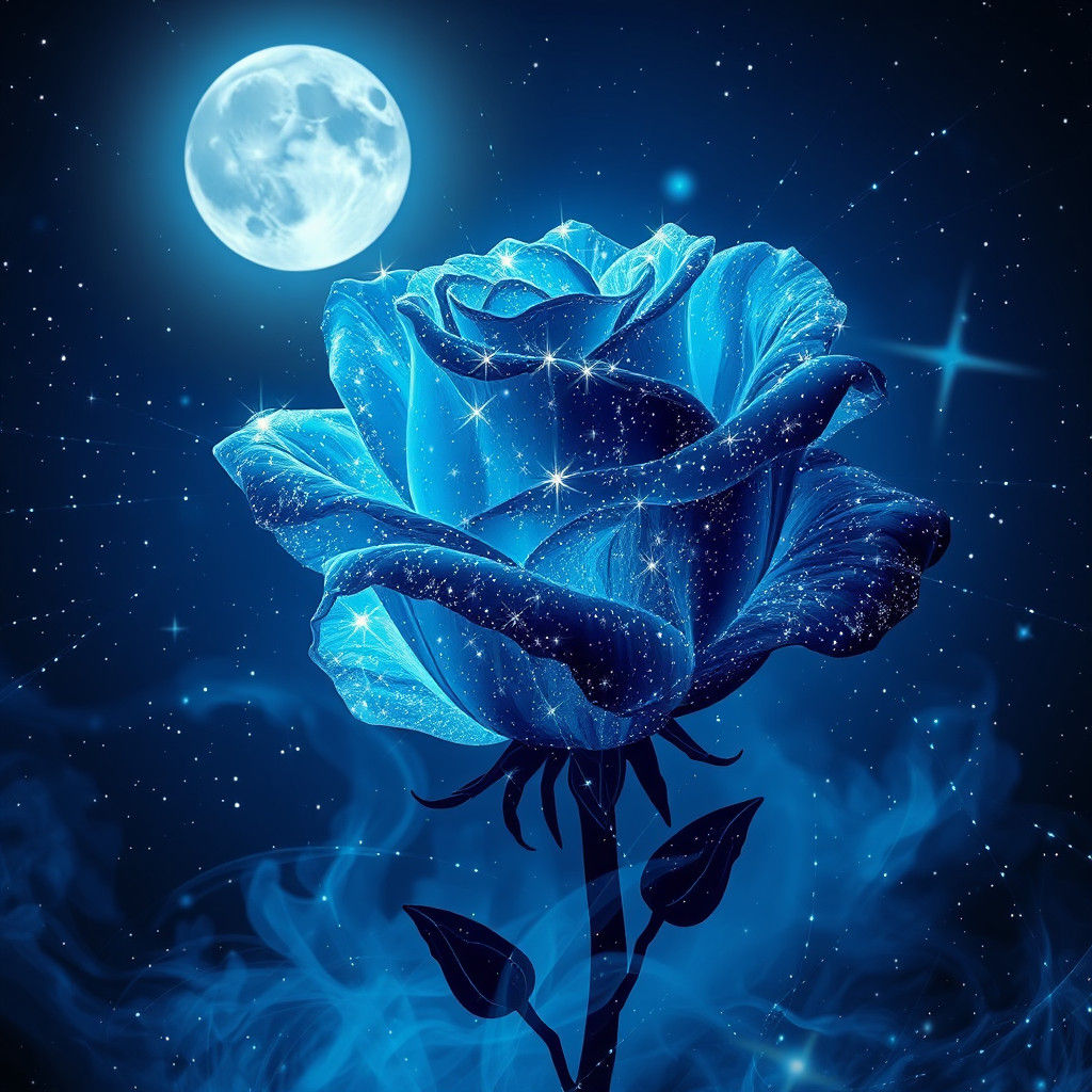 Surreal Silvery Rose in Vibrant Starry Night Scene