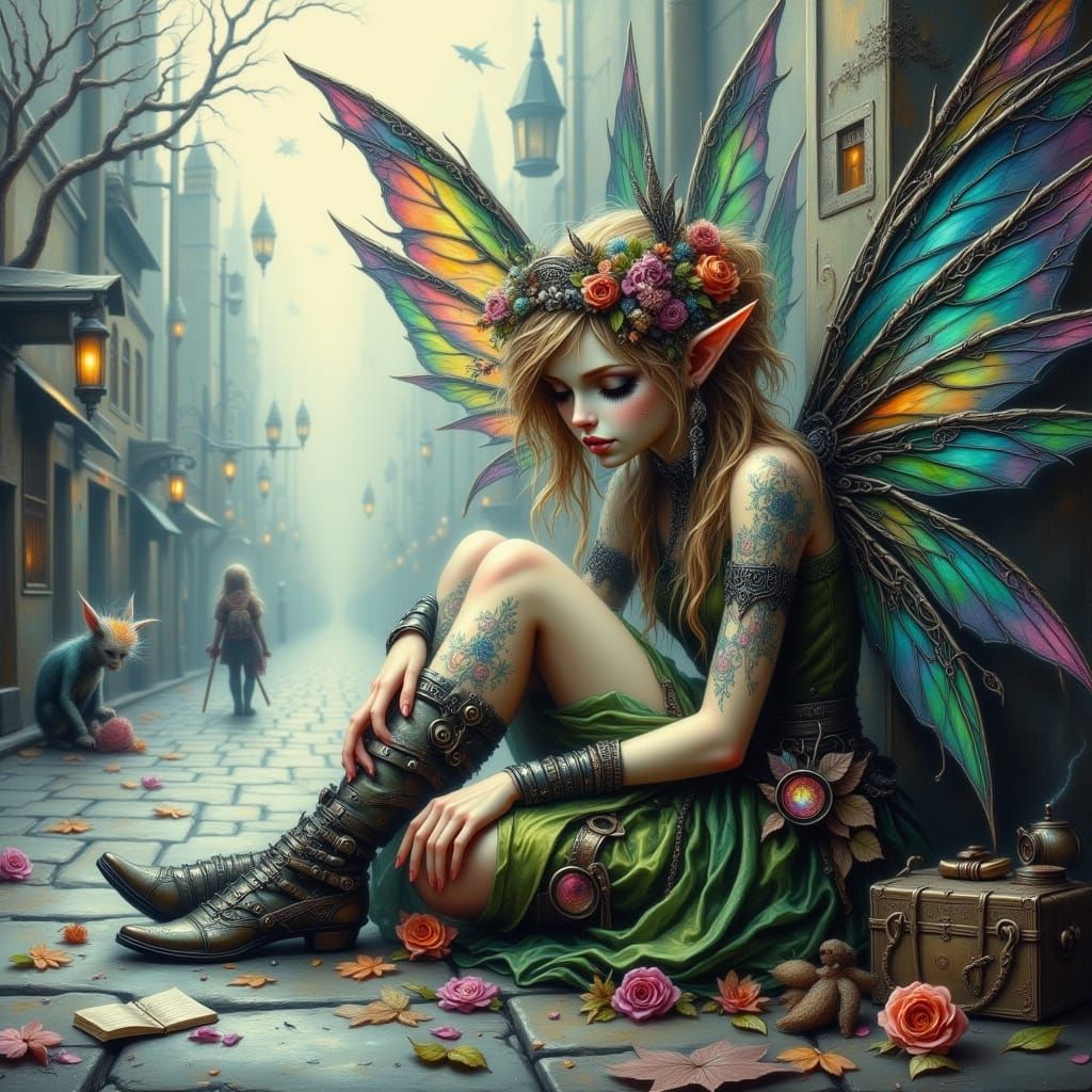 Fairy Begging on City Sidewalk