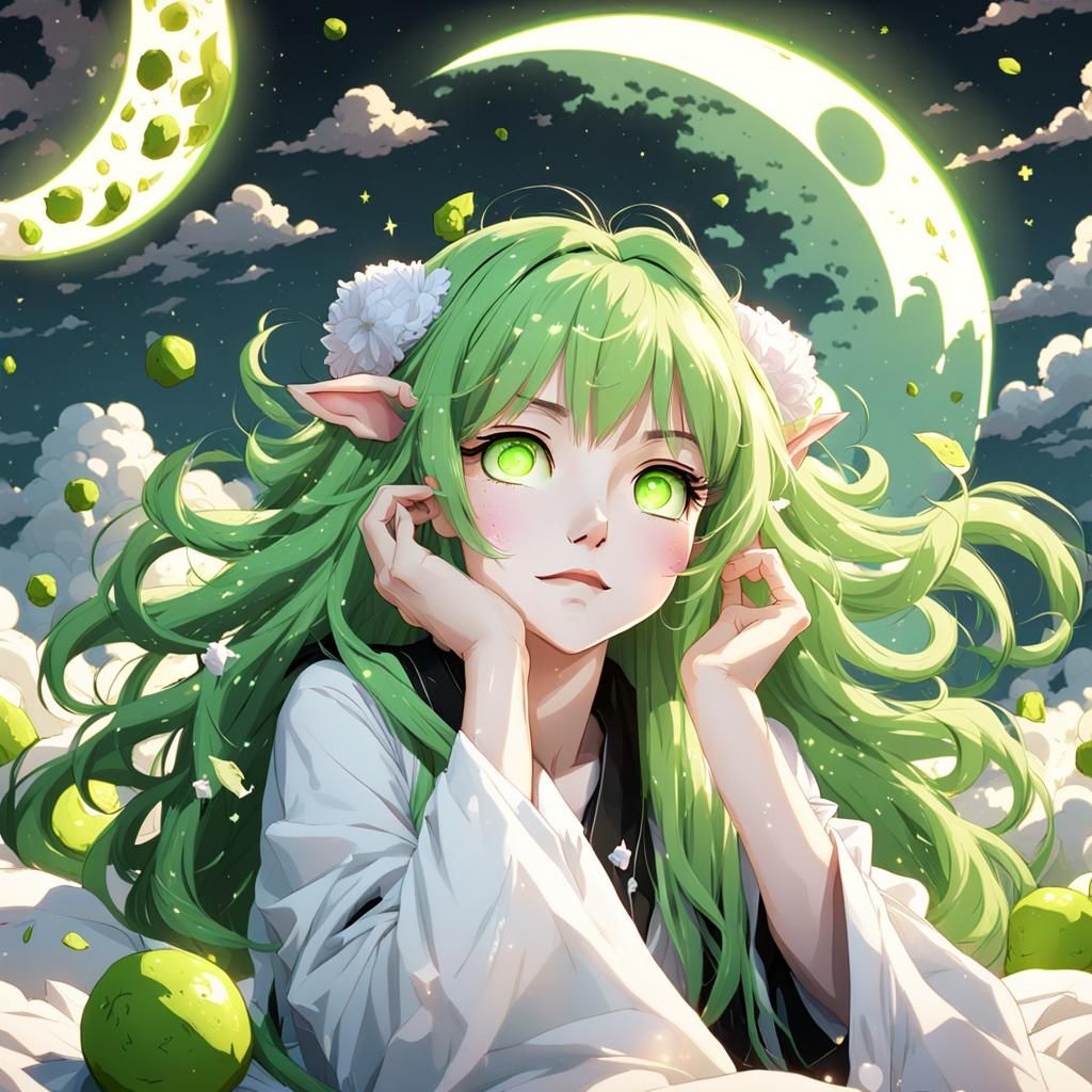 Anime Goddess Lying in Bed Among Jumping Sheep Under a Brigh...