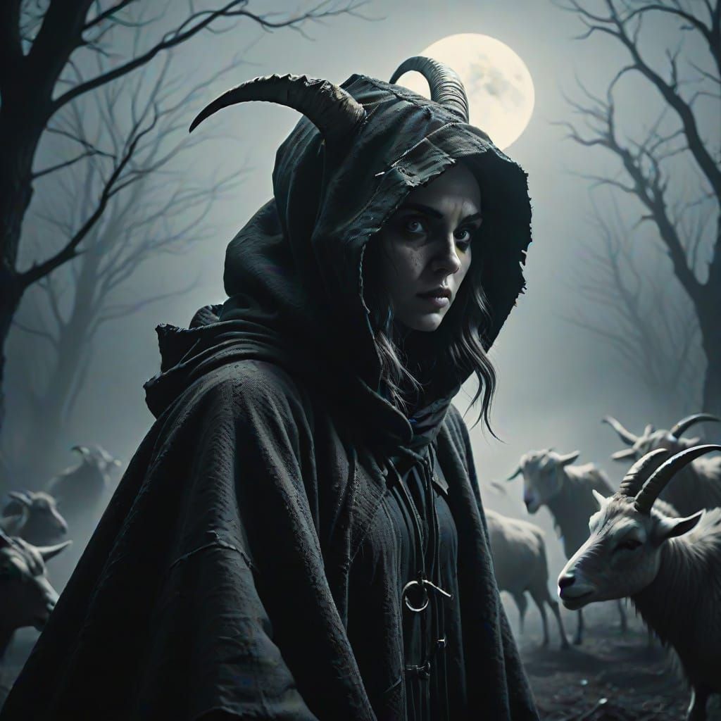 Grey-Cloaked Girl Rides Goat, Defying Dark Witches in Gothic...