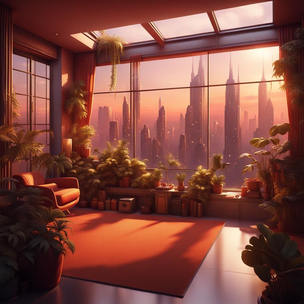 Retro Futuristic Home Scene with Urban Oasis