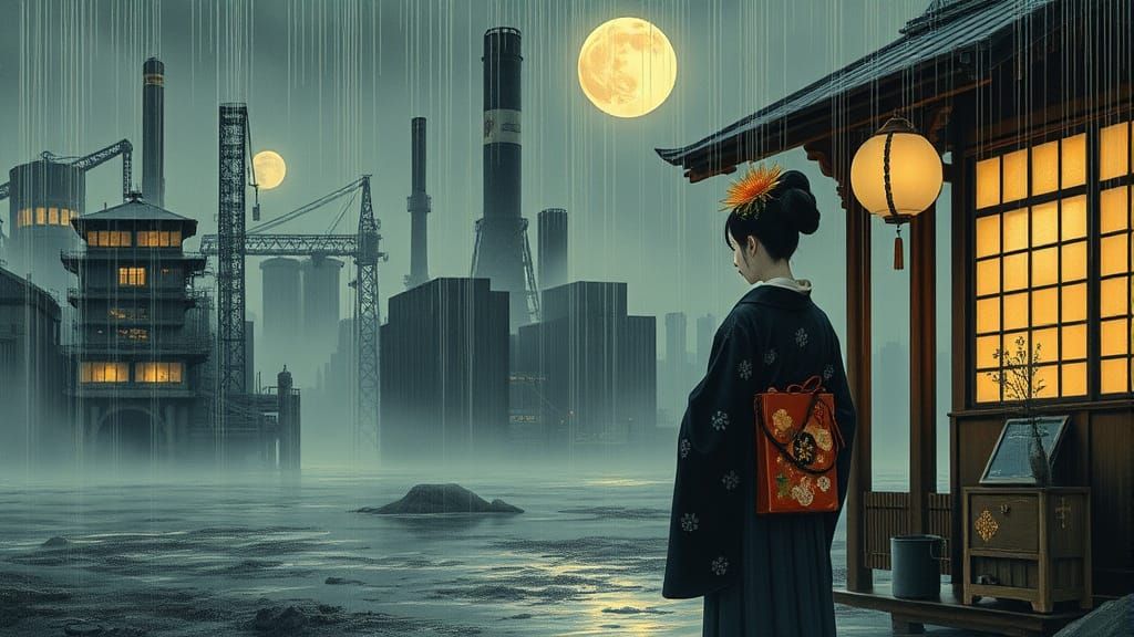 Mournful Geisha in a Futuristic Japanese Garden