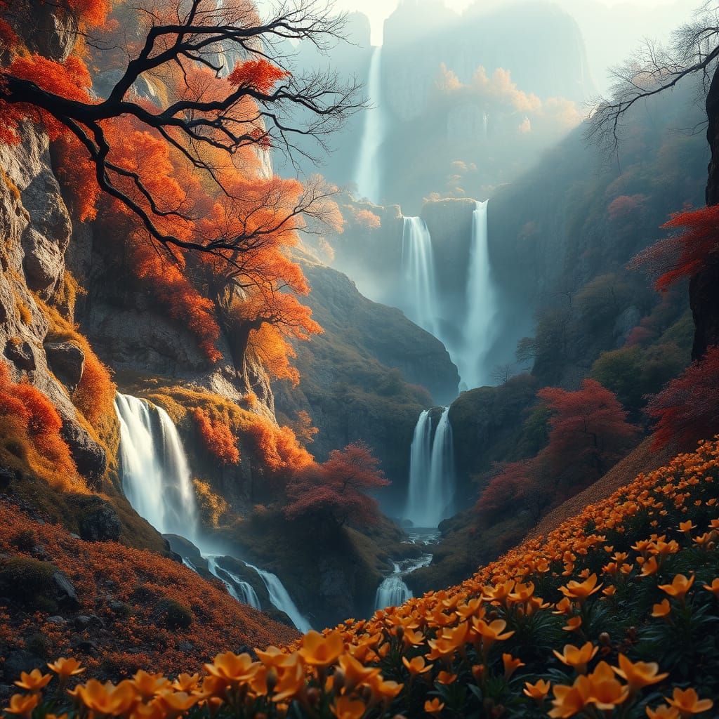 Autumn Waterfalls Cascading Down Mountainside Vista