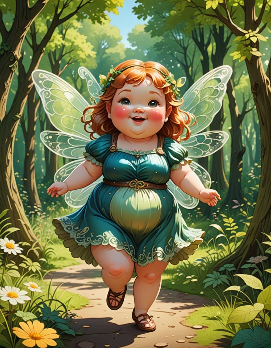 Cute Chubby Fairy Dancing in Sunny Woodland Glade